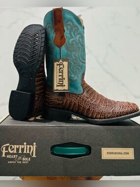 Ferrini Stampede Men’s Cowboy Boots 10.5D Brown Turquoise Square Toe NIB